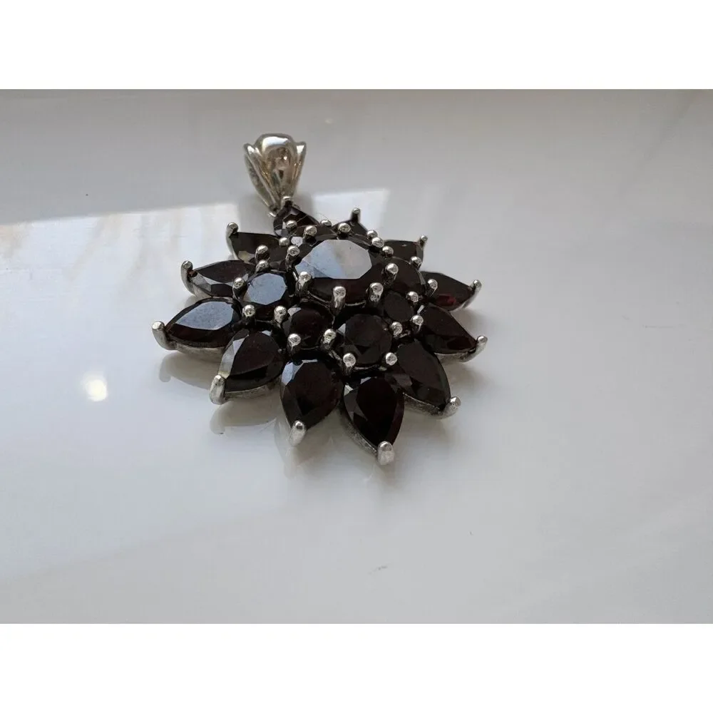 Estate Large Sterling Silver Garnet Pear & Round Cut Sunburst Pendant 14.24cttw